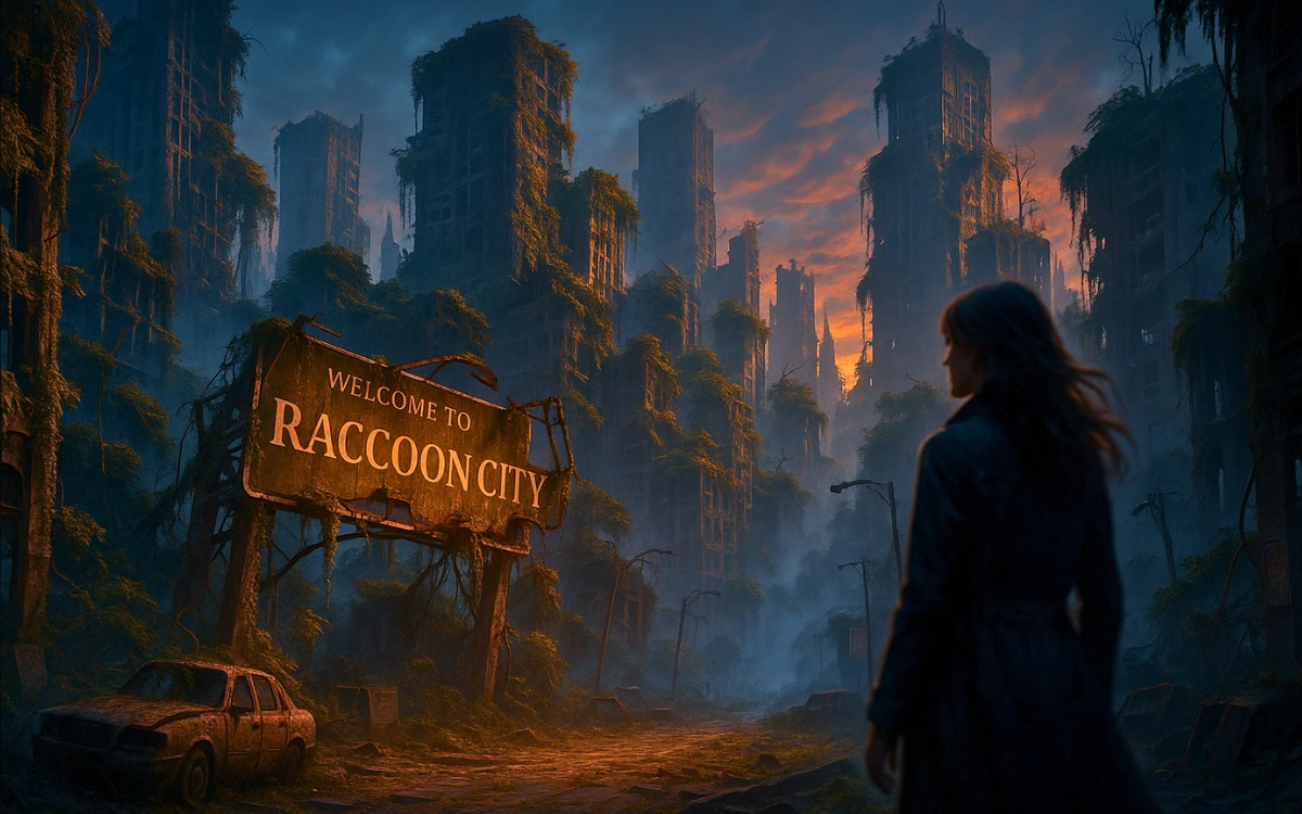 Ruínas de Raccoon City em Resident Evil 9 Requiem com silhueta de Grace Ashcroft