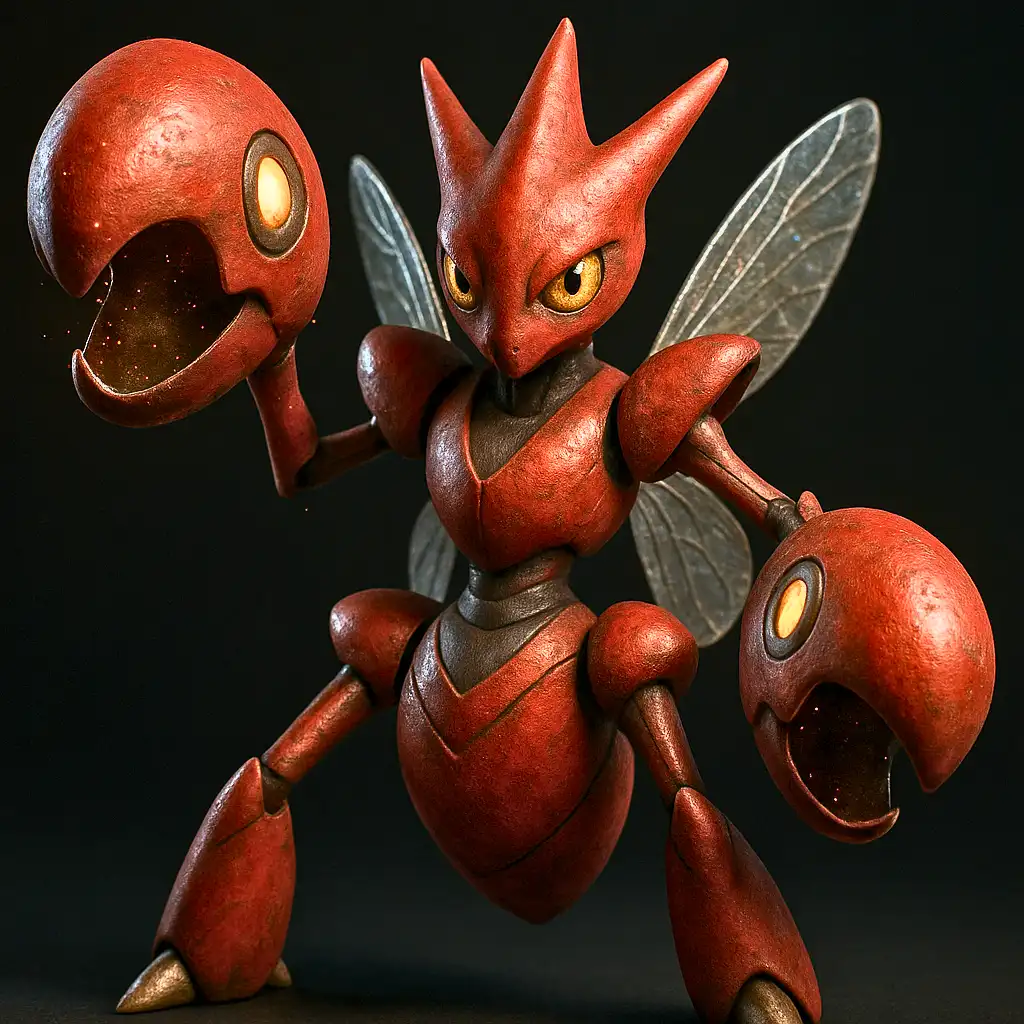 Scizor em versão 3D hiper-realista com carapaça metálica vermelha e pinças detalhadas em qualidade fotográfica