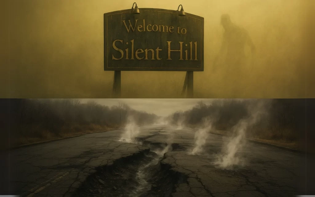 Composição visual comparando a cidade de Silent Hill com a cidade real de Centralia, Pensilvânia