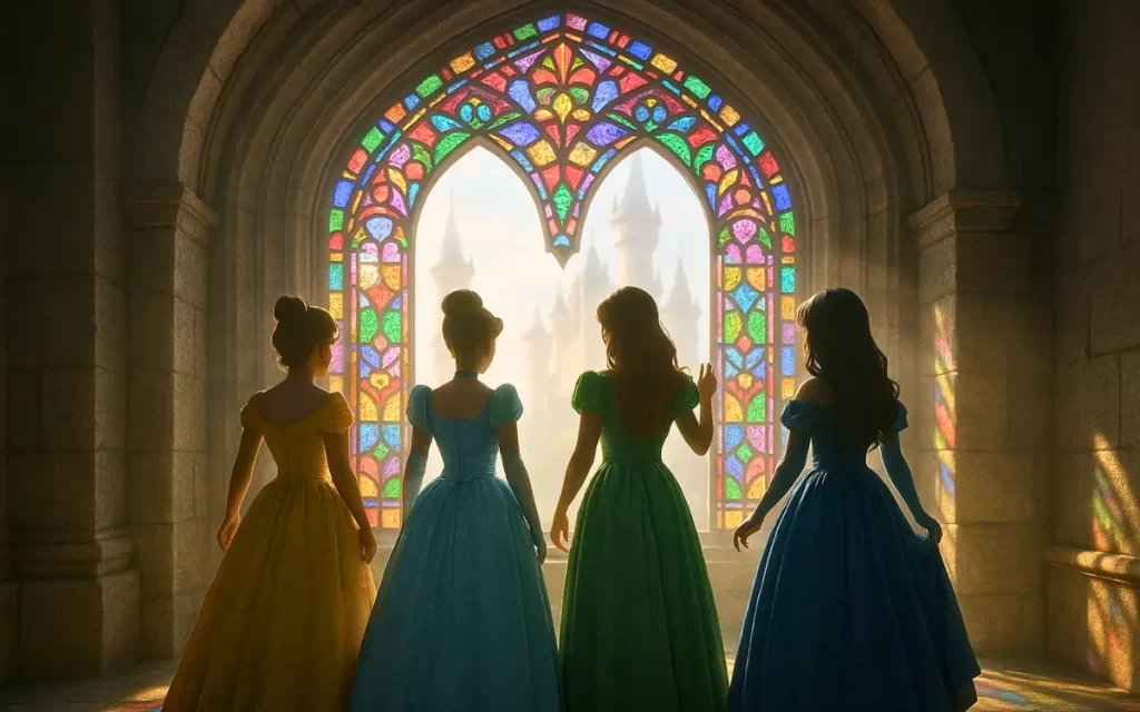 Quatro princesas Disney de costas diante de uma janela de vitral colorido ao amanhecer