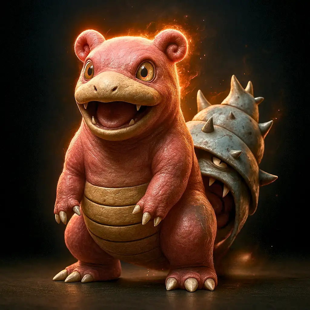 Slowpoke em versão 3D hiper-realista com pele úmida texturizada e expressão vaga adorável em qualidade fotográfica