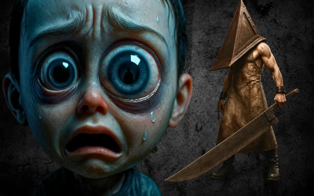 Jogador aterrorizado com Pyramid Head de Silent Hill surgindo das sombras atrás dele