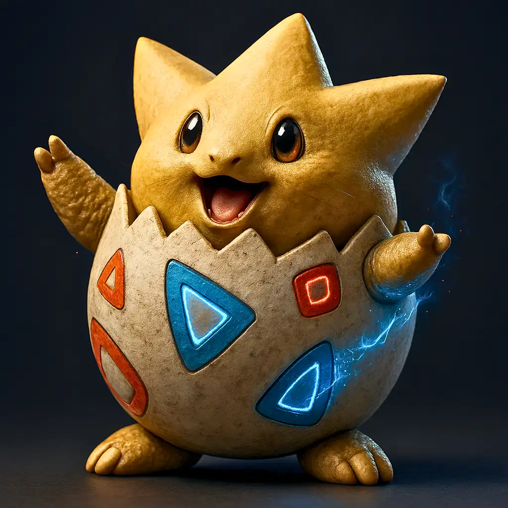 Togepi em versão 3D ultra realista com casca detalhada mostrando estruturas cristalinas