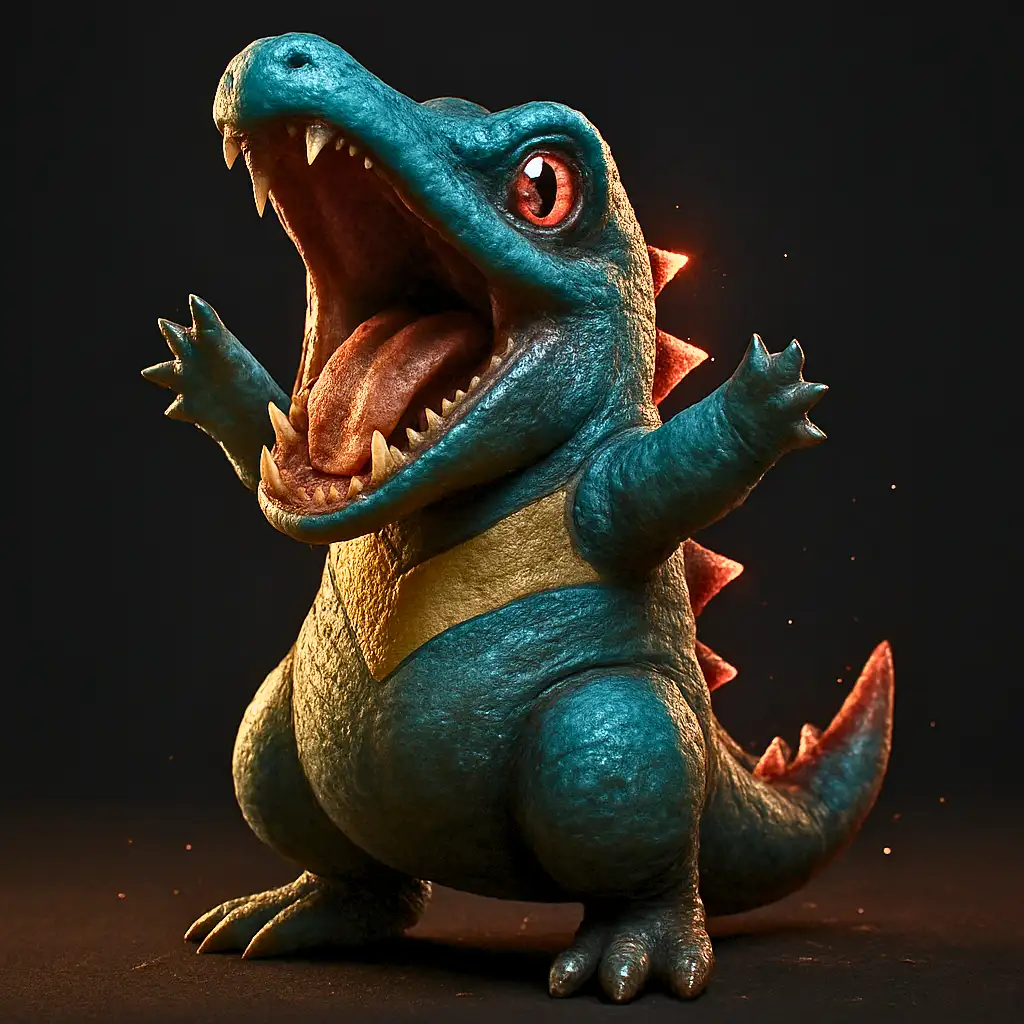  Totodile em versão 3D ultra realista com mandíbulas detalhadas e escamas complexas