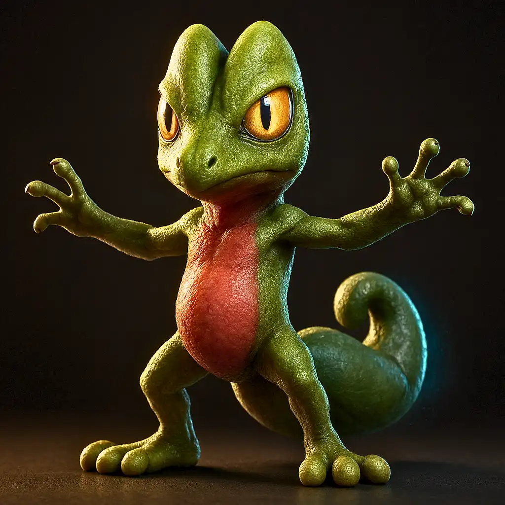 Treecko em versão 3D ultra realista mostrando detalhes de sua pele escamosa e patas adesivas