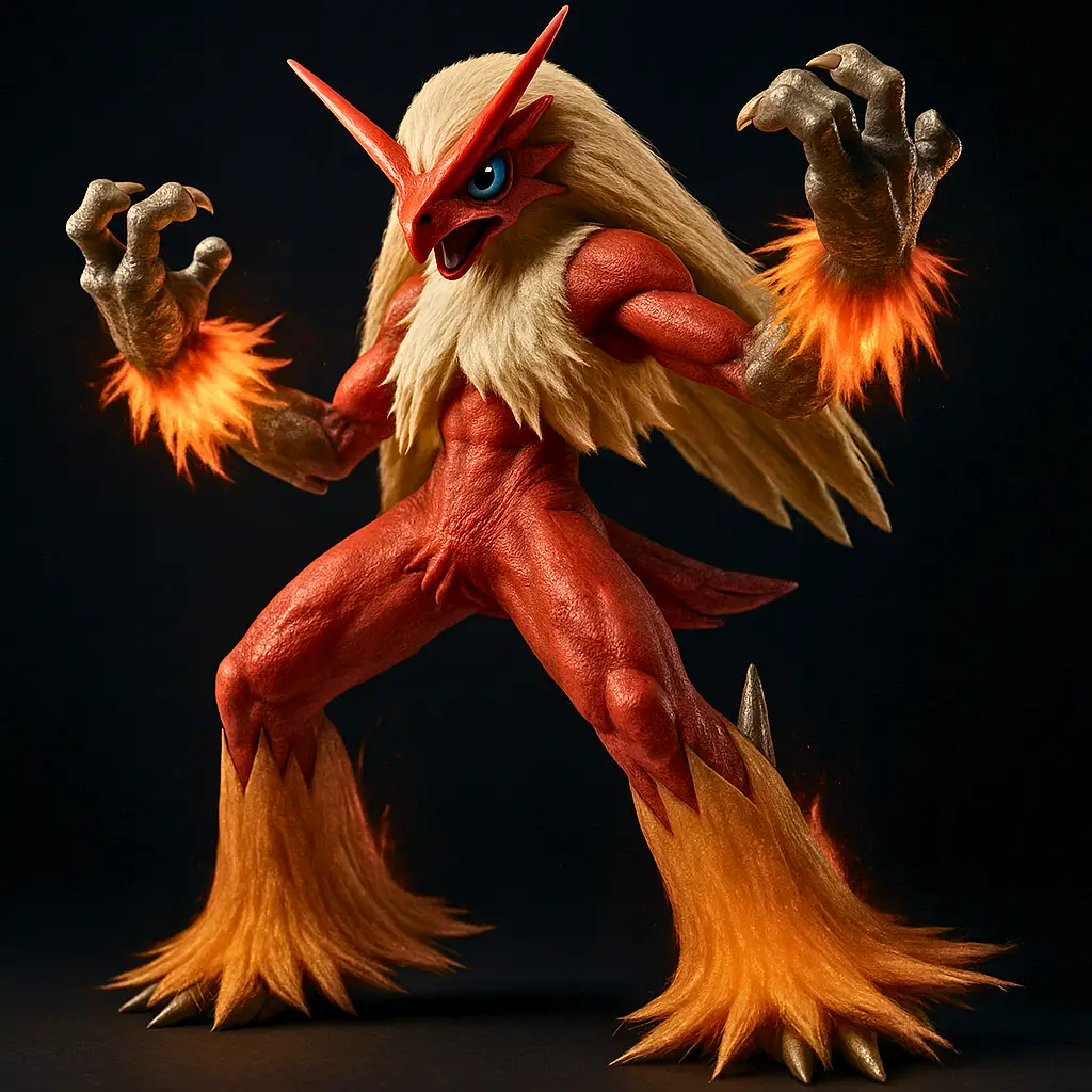 Blaziken em versão ultra realista com detalhes de penas e chamas