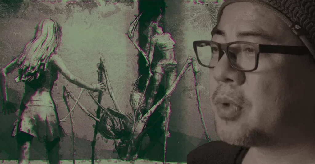 Keiichiro Toyama, criador de Silent Hill, trabalhando em seu estúdio com esboços conceituais de criaturas e personagens para seu próximo jogo de terror