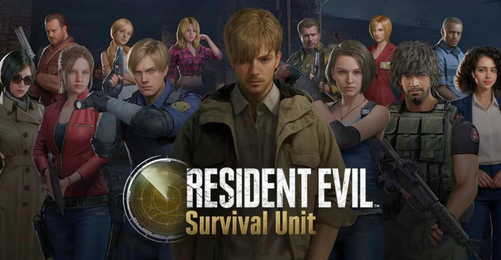 Personagens principais de Resident Evil: Survival Unit reunidos ao fundo com o logotipo oficial do jogo em destaque, representando o primeiro mobile original da Capcom