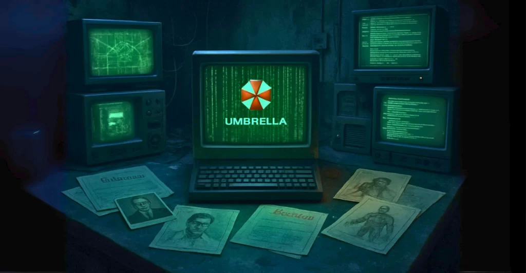 Composição visual de um laboratório abandonado da Umbrella com telas de computador exibindo códigos, mapas e documentos secretos, com um terminal central e elementos de horror científico