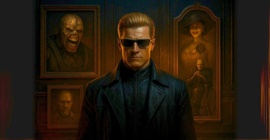Composição artística de uma galeria sombria com silhuetas e retratos parciais de vilões icônicos de Resident Evil, incluindo Albert Wesker, Nemesis, Lady Dimitrescu e Jack Baker, iluminados por spots dramáticos em tons de dourado, preto e vermelho