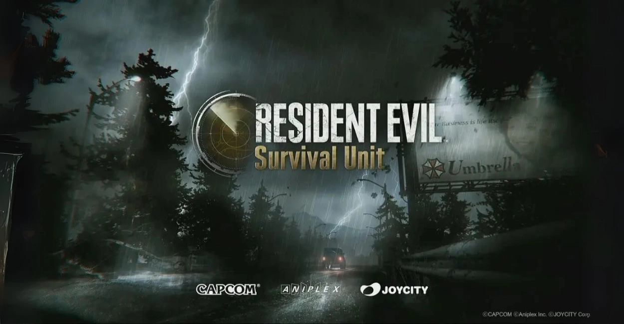 Veículo solitário em estrada desolada passando por imponente outdoor da Umbrella Corporation, simbolizando a atmosfera pós-apocalíptica de Resident Evil Survival Unit para iOS e Android