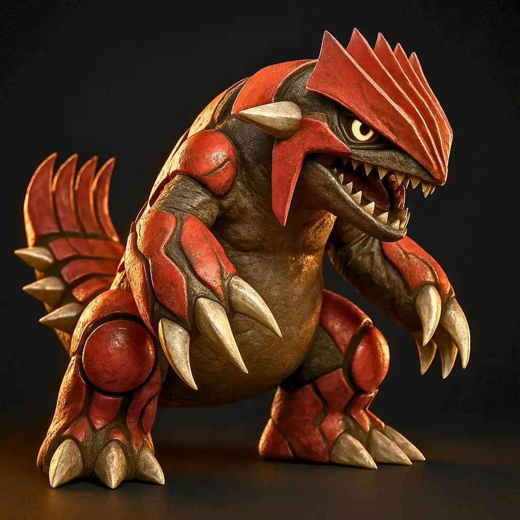 Groudon em versão ultra realista com detalhes de placas rochosas e magma