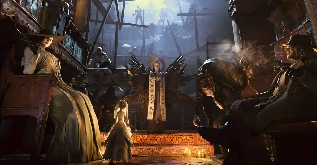 Mãe Miranda em forma humana com olhar melancólico e véu escuro, representando a descobridora da imortalidade através do Mofo em Resident Evil