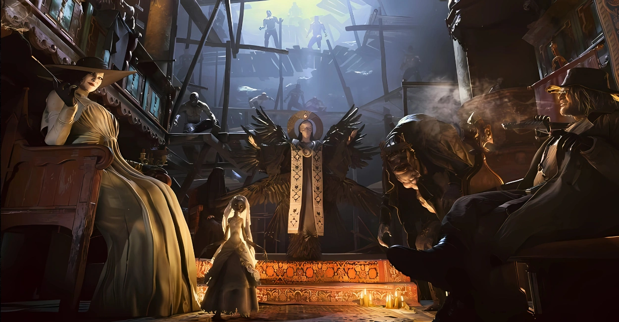 Mãe Miranda em forma humana com olhar melancólico e véu escuro, representando a descobridora da imortalidade através do Mofo em Resident Evil