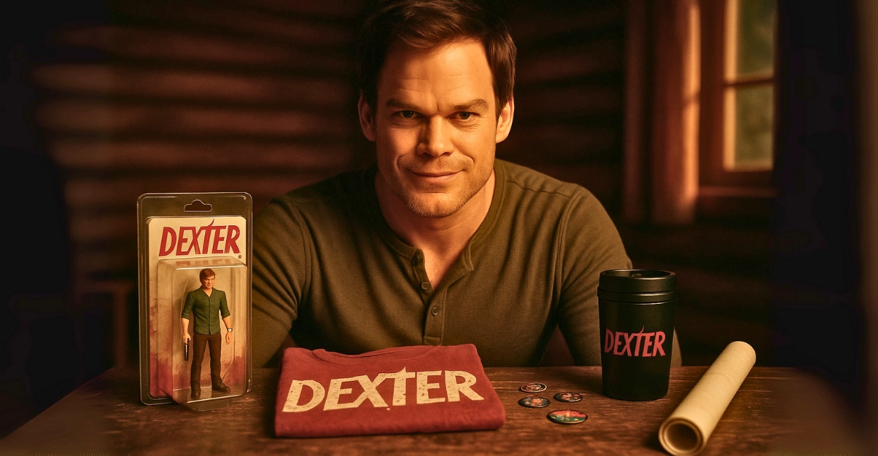 Michael C Hall como Dexter Morgan olhando para câmera com colecionáveis valiosos da série em mesa rústica de cabana