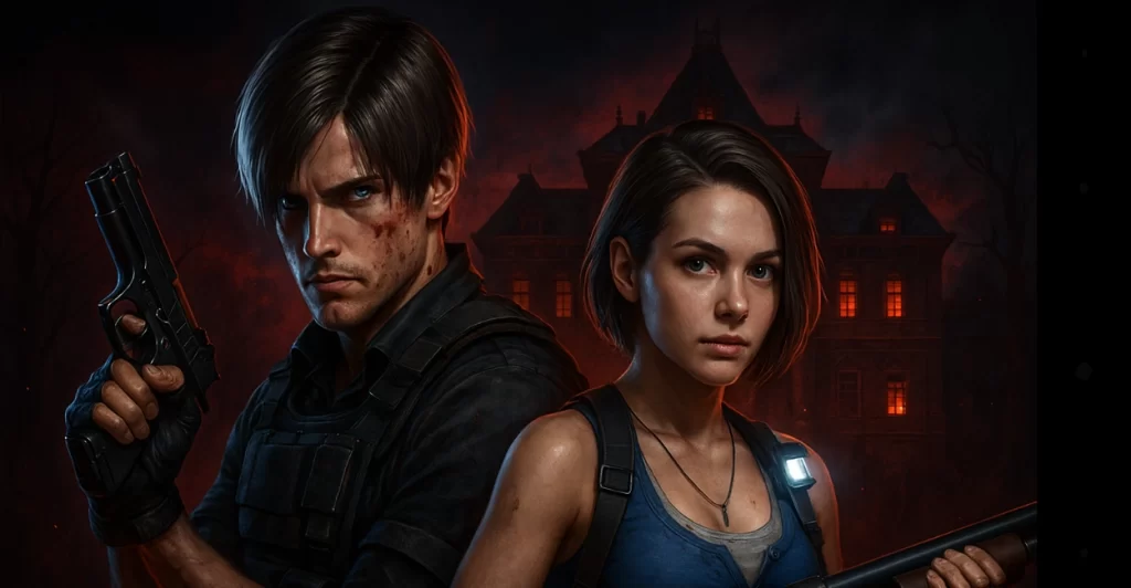 Leon S. Kennedy e Jill Valentine em pose de ação para Resident Evil Survival Unit, novo jogo mobile de estratégia com mansão sombria ao fundo