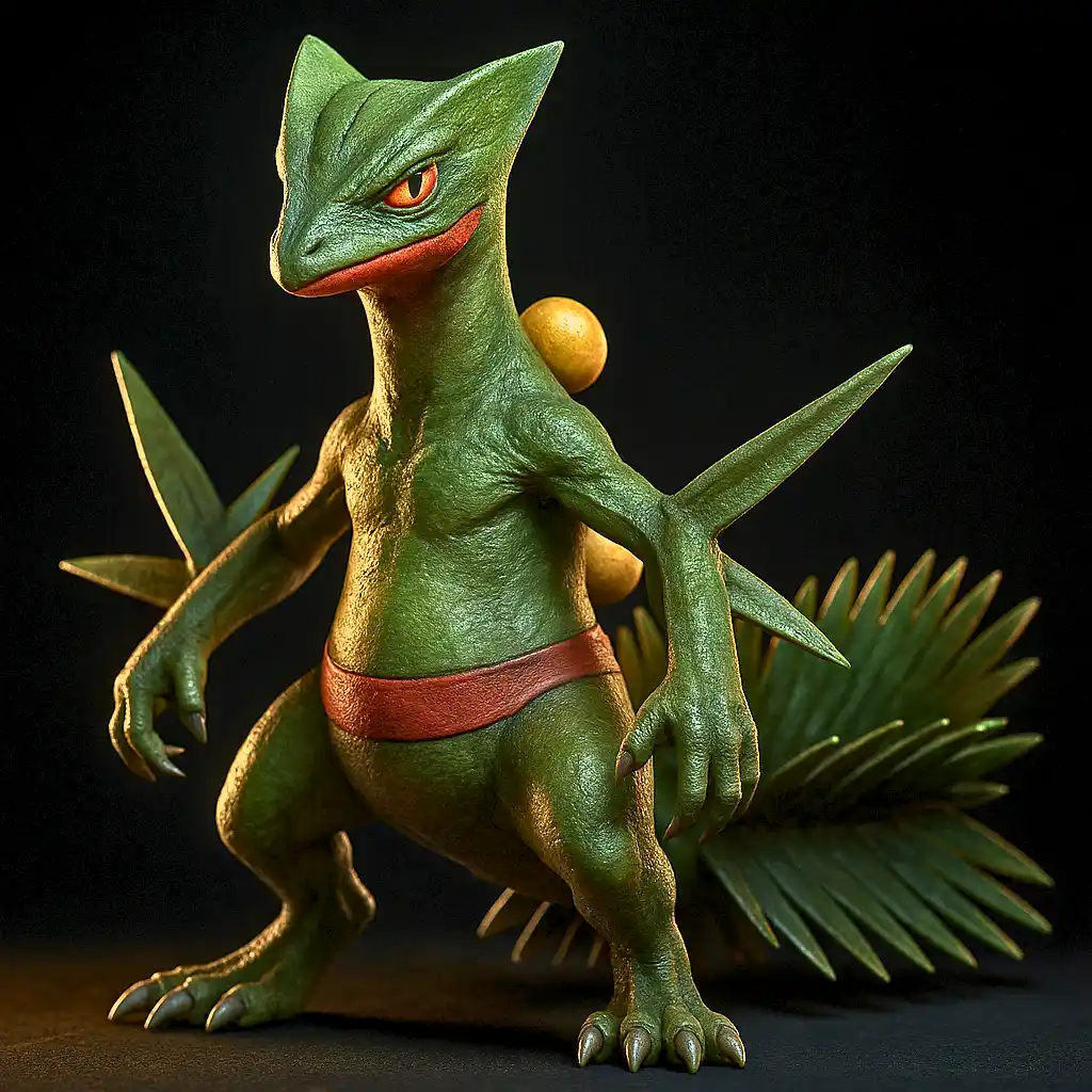 Sceptile em versão ultra realista com detalhes de escamas e sementes