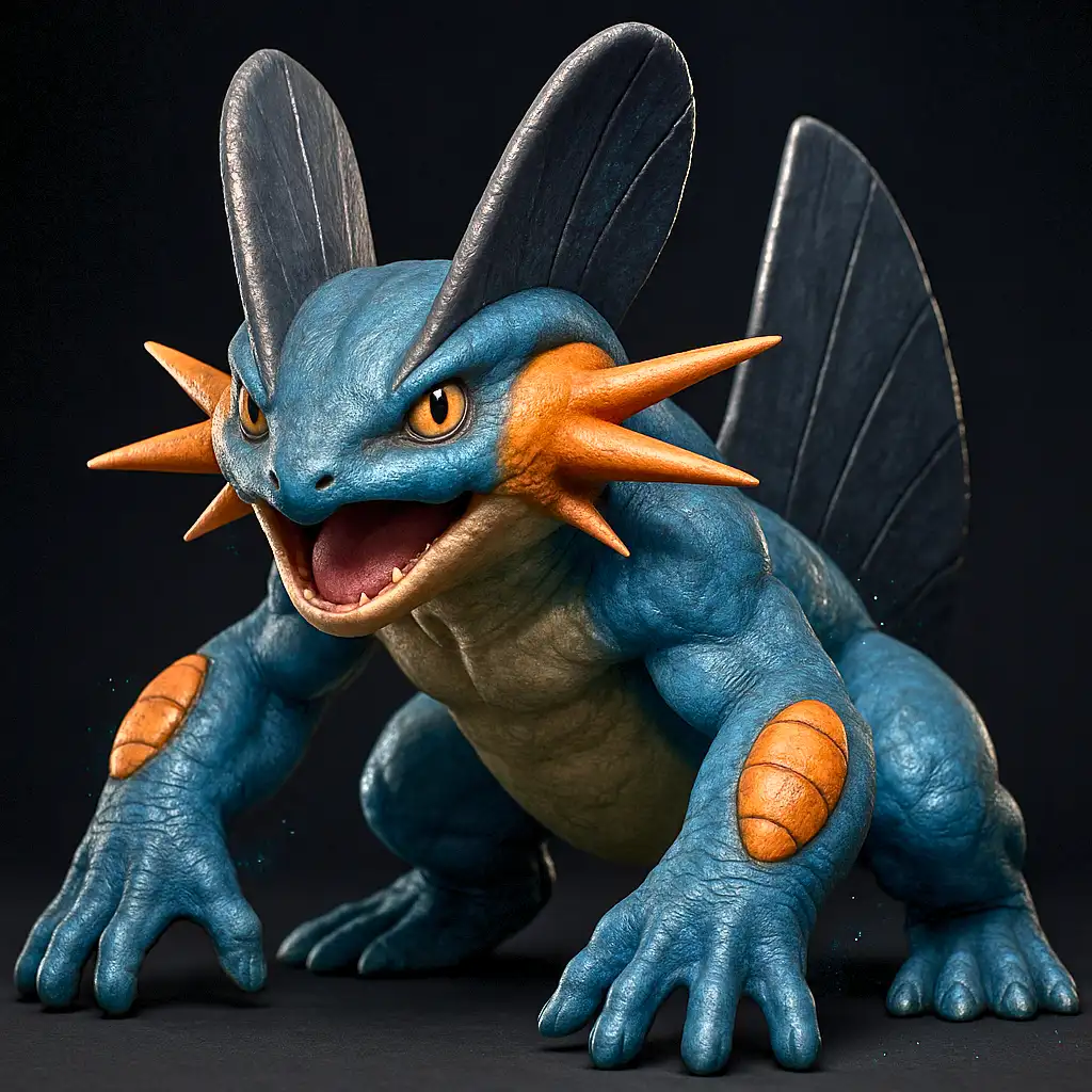 Swampert em versão ultra realista com pele texturizada e detalhes aquáticos
